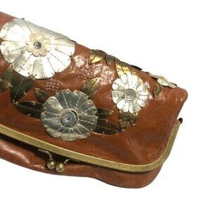 Boho Clutch Kiss Lock Floral Stitching Embellished Brown Vegan